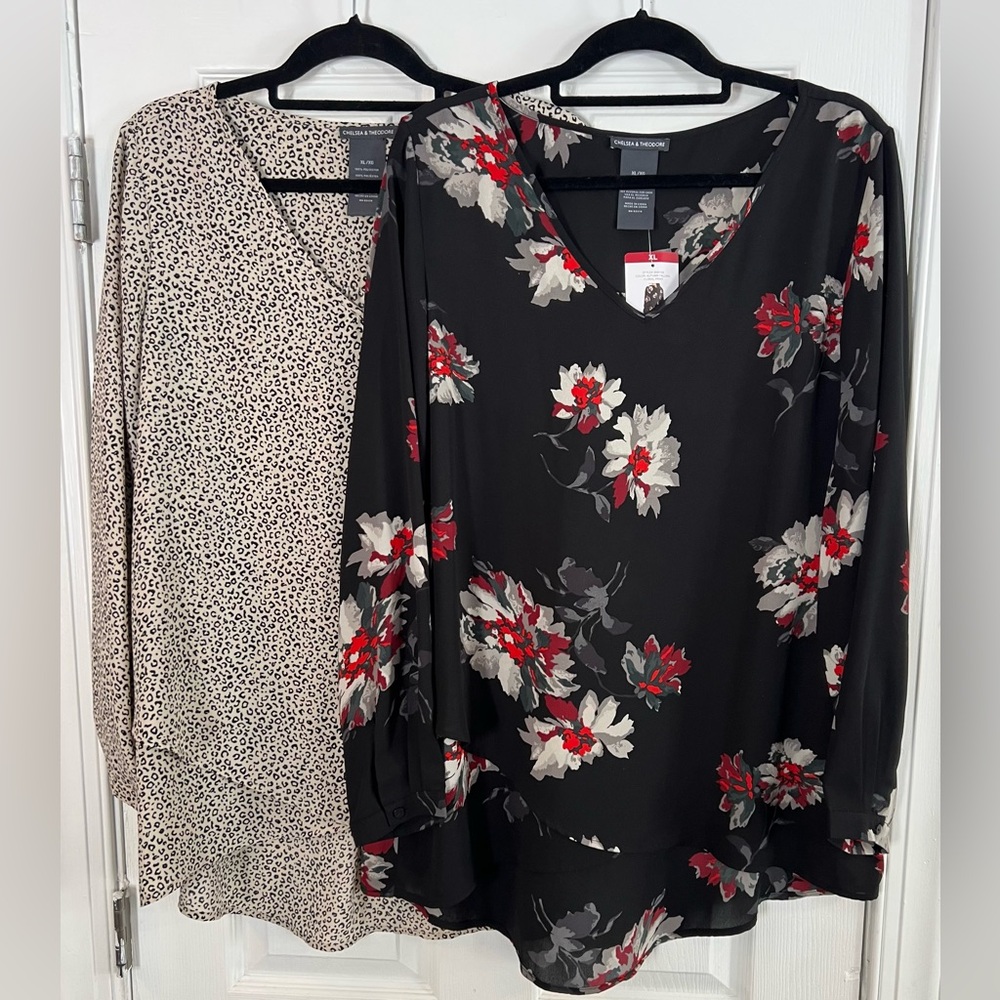 Chelsea & Theodore Tops Lot Of 2 Women Sz XL Black Cream Leopard Long Sleeves